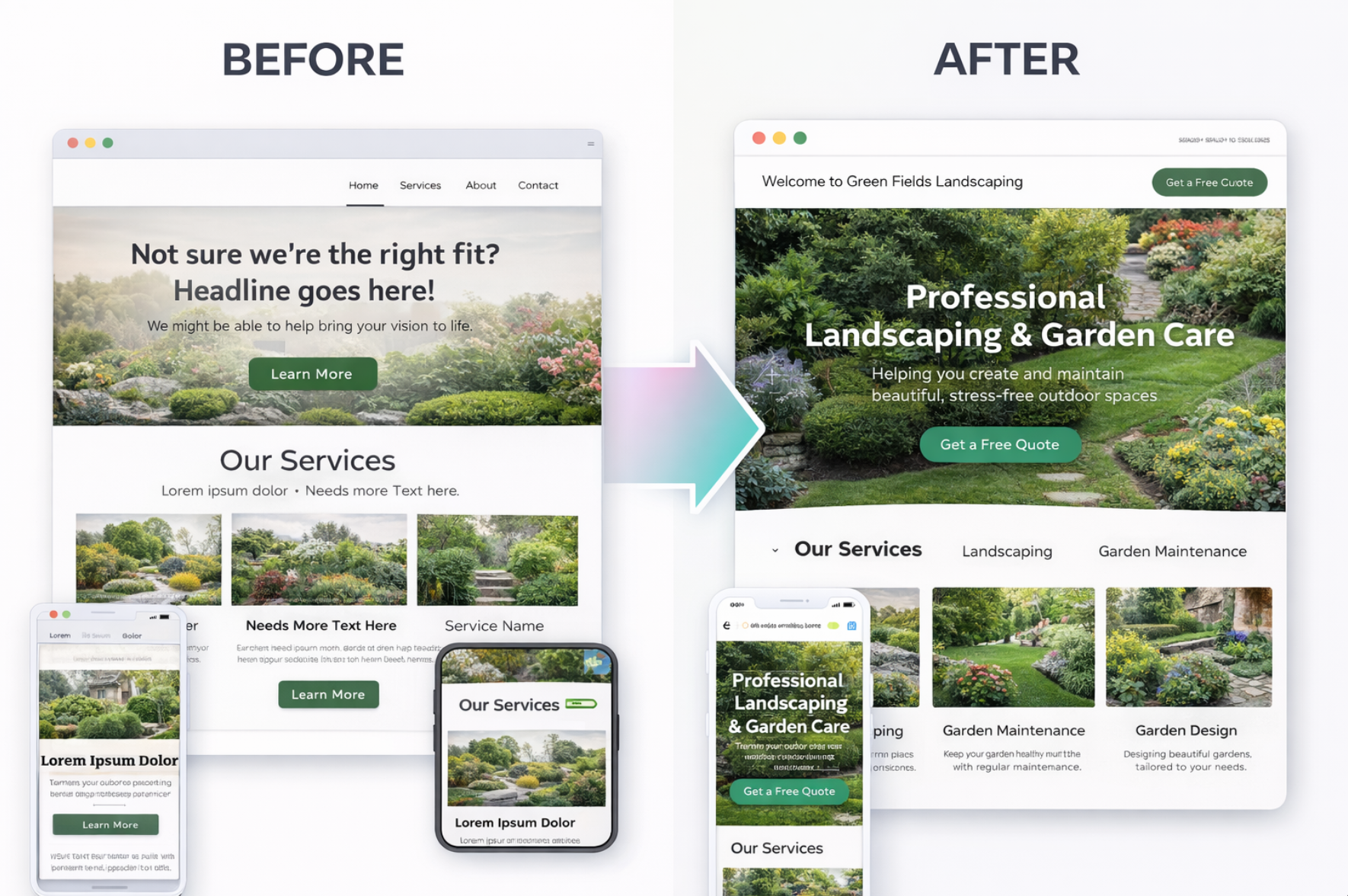 Before and after website redesign comparison showing layout, design and UX improvements